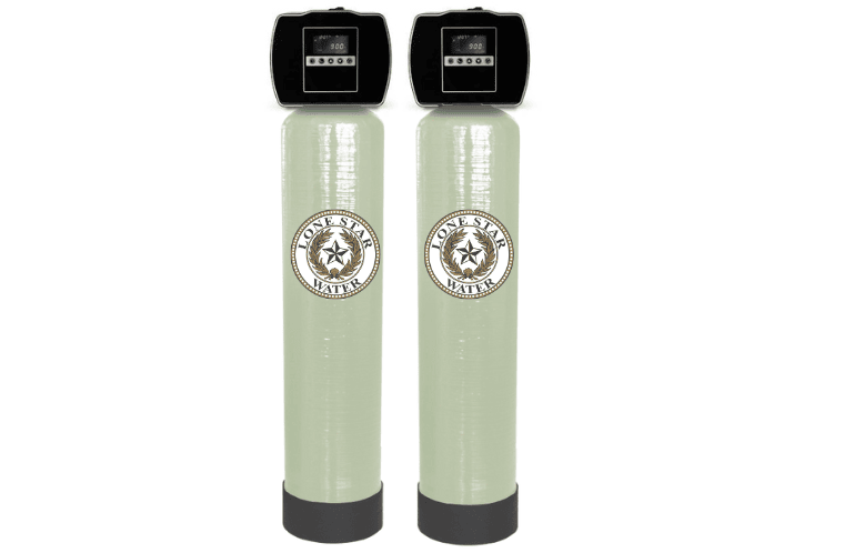 Two green water filtration tanks with black control heads.