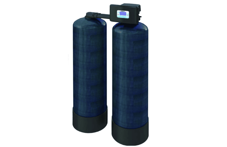 Dual-tank water softener system with digital control head.