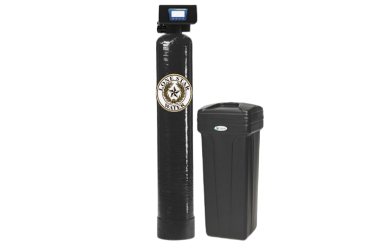 A black water softener system with a digital control panel and a brine tank beside it.
