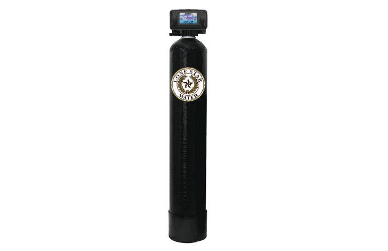 Tall black water softener unit with control panel on top.