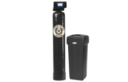 A black water softener system with a digital control panel and a brine tank beside it.