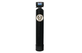 Tall black water softener unit with control panel on top.