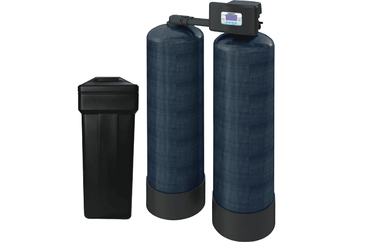Water softener system with two blue tanks.