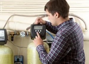 Water treatment expert evaluating business needs for correct softener sizing