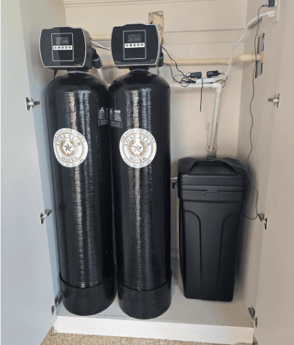 Dual water softener and filtration system installed in Woodlands, Texas