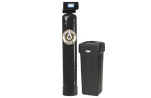A black water softener system with a digital control panel and a brine tank beside it.