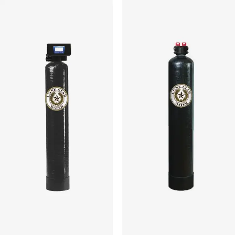 Two black cylindrical water filtration tanks.